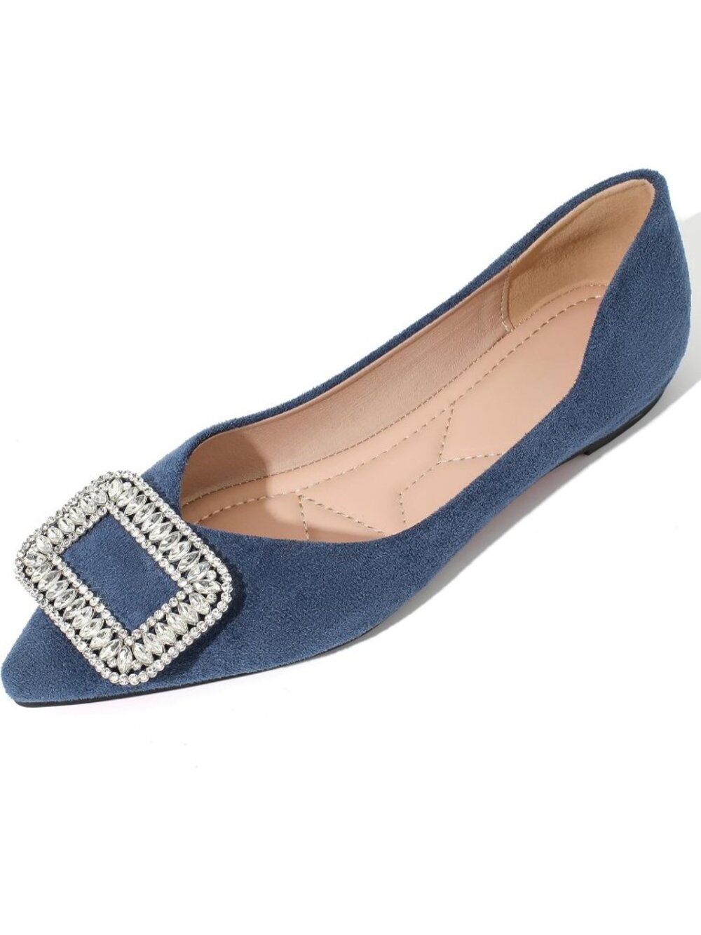 Women's Blue Suede Pointed Toe Rhinestone Ballet Flats Slip On Party Dress Shoes